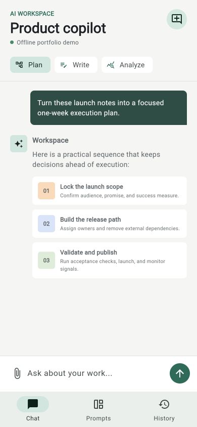 AI Workspace mobile chat turning launch notes into a three-step execution plan.