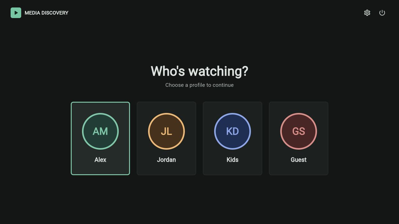 Media Discovery TV profile selection screen with four neutral demo profiles.