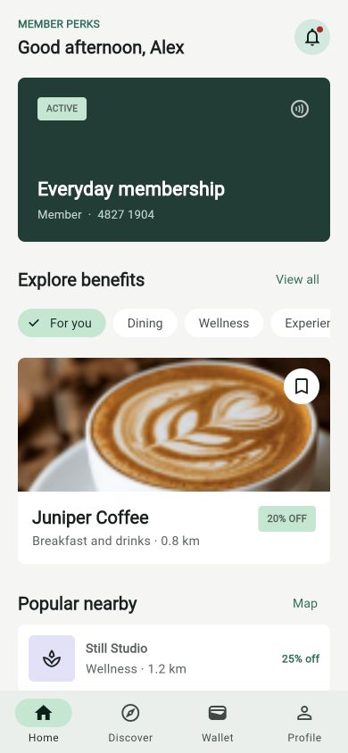 Member Perks mobile home showing an active membership, benefit categories, a coffee offer, and nearby deals.