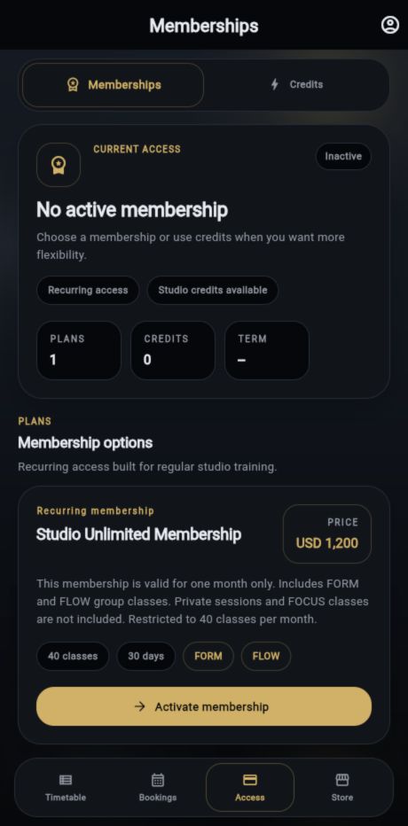 Wellness Studio memberships screen.