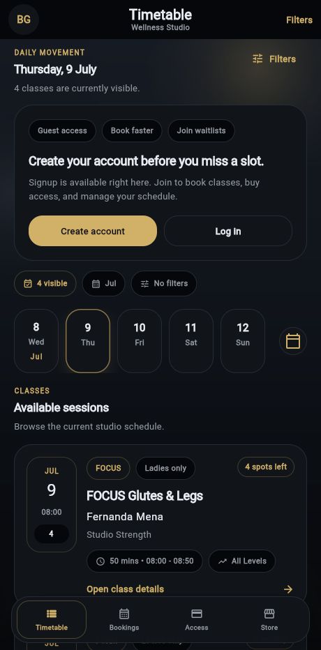 Mobile timetable screen for Wellness Studio showing class filters, booking prompts, and session cards.