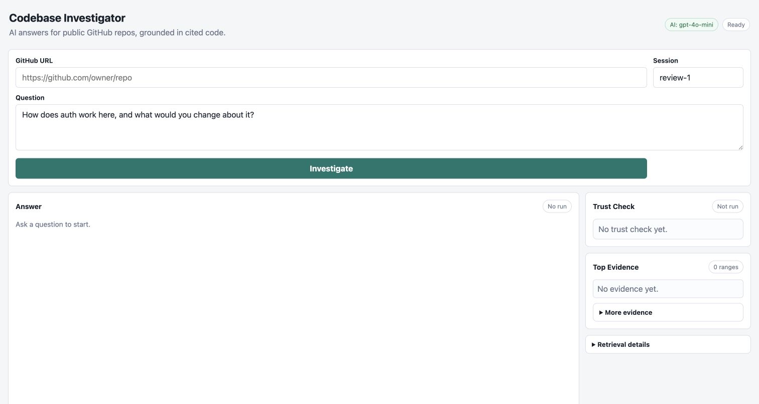 Codebase Investigator application showing repository analysis and source-backed results