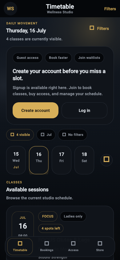 Wellness Studio timetable and booking screen