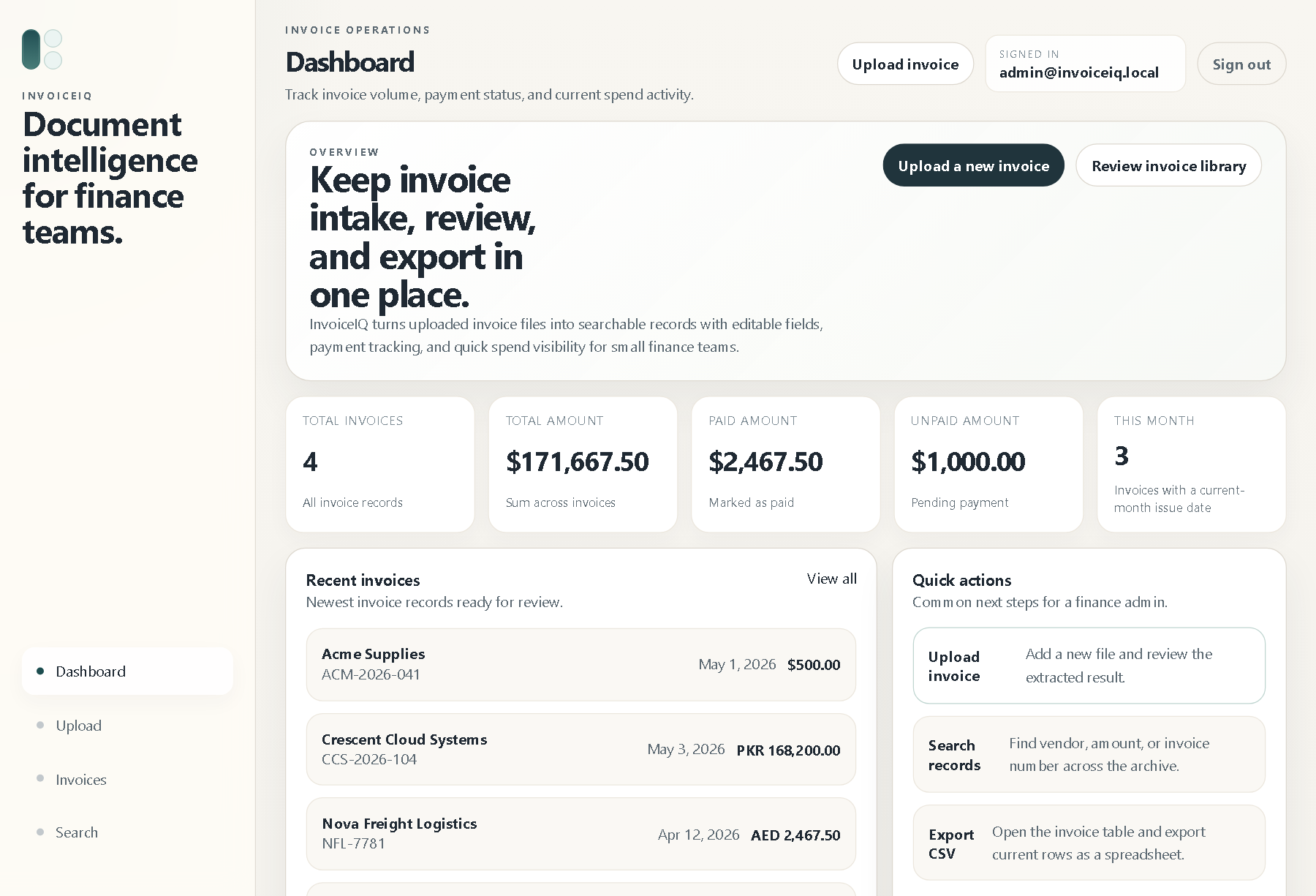 InvoiceIQ interactive screen