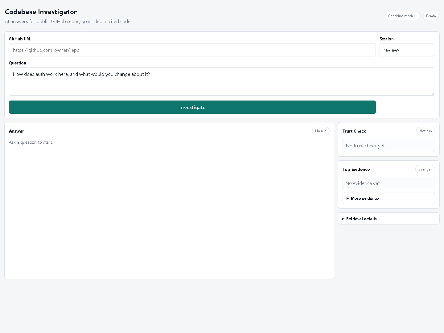 Codebase Investigator live app screenshot
