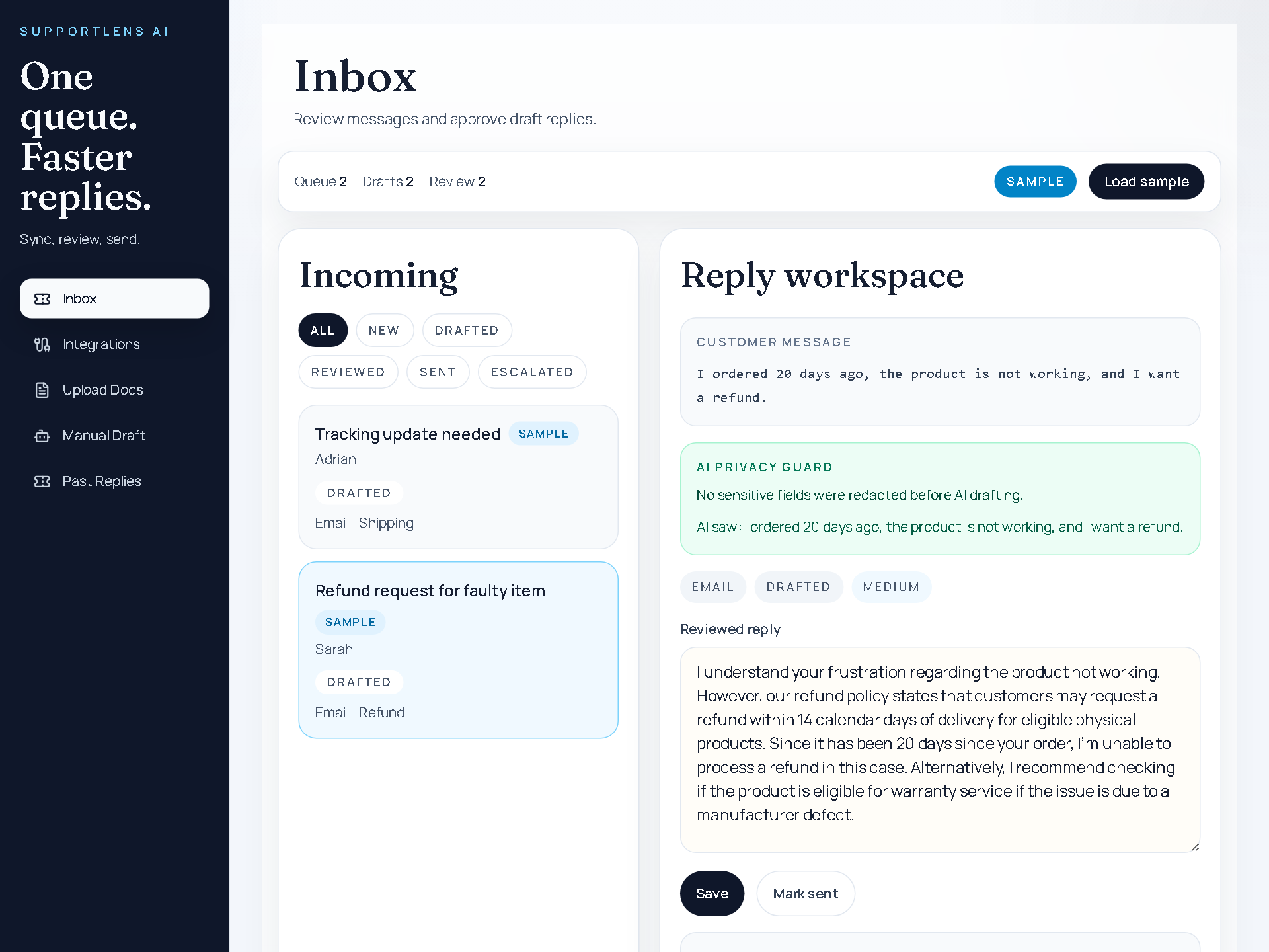 SupportLens AI reply workspace screenshot